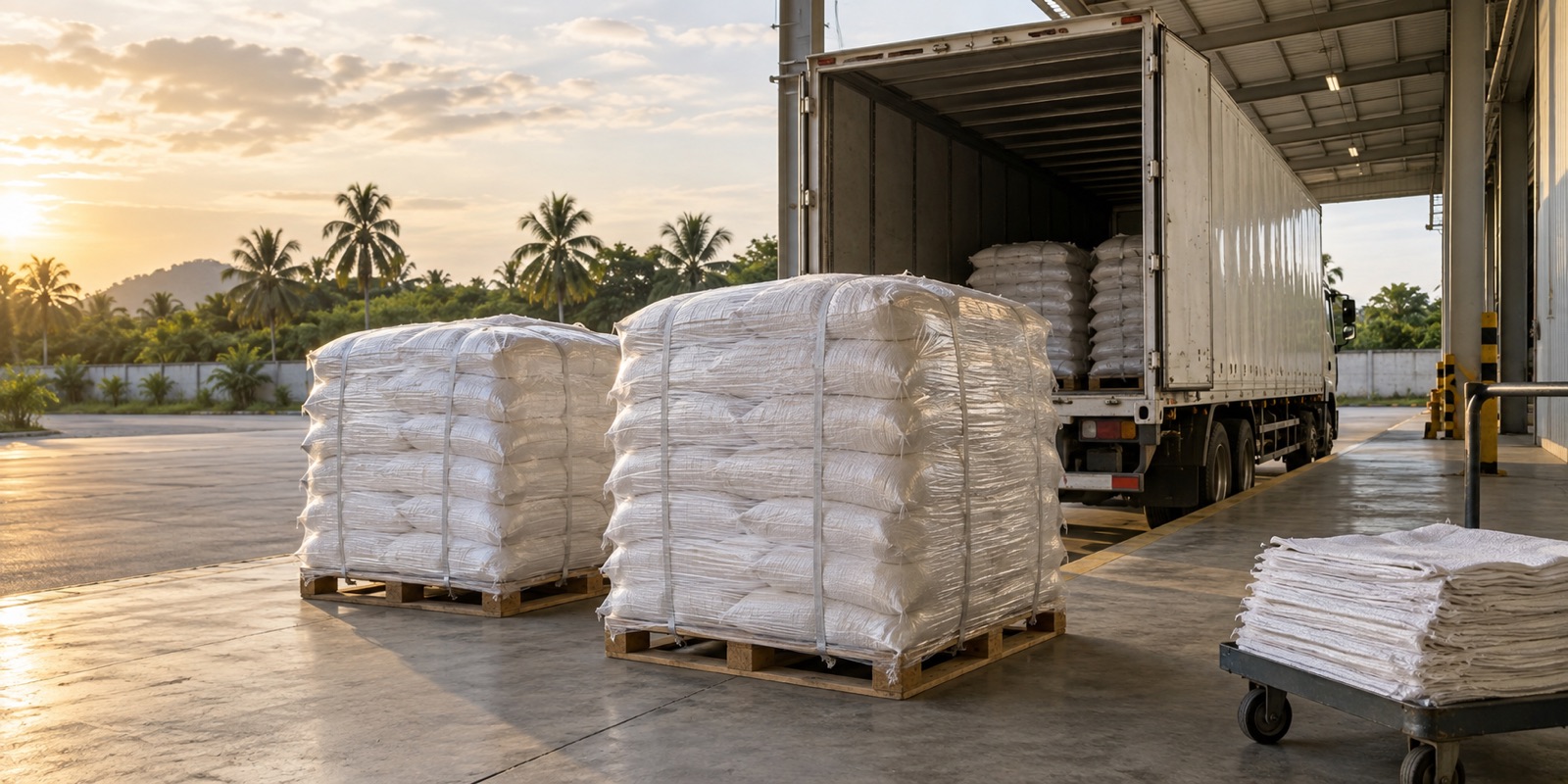Shrink-wrapped pallets of filled sacks ready to load